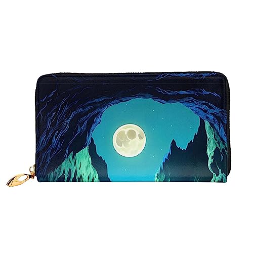 AkosOL Water Moon Cave Ledergeldbörse, lange Clutch, weiches Material, Reißverschluss-Design, Anti-Verlust-Geld, 12 Bankkartenfächer, leicht, wasserdicht und langlebig für das stilvolle Mädchen, von AkosOL