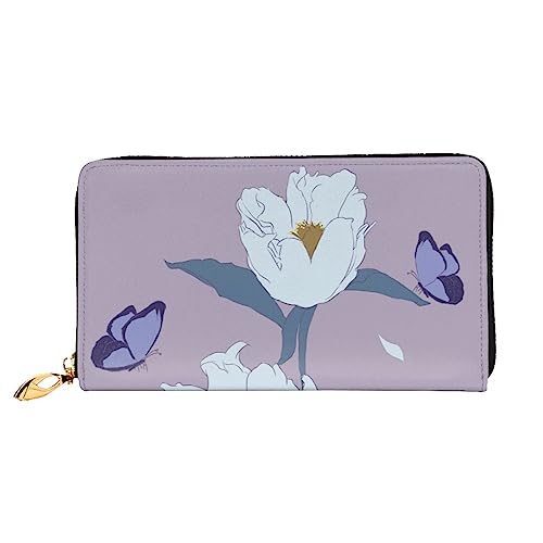 AkosOL Weiße Pfingstrosen-Leder-Geldbörse, lange Clutch-Geldbörse, weiches Material, Reißverschluss-Design, Anti-Verlust-Geld, 12 Bankkartenfächer, leicht, wasserdicht und langlebig für das stilvolle von AkosOL