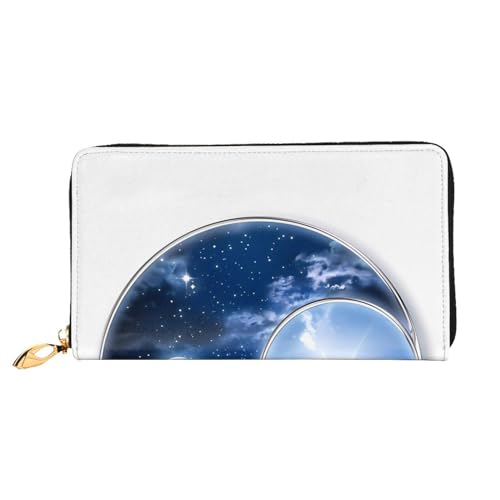 AkosOL Yin Yang Sky Ledergeldbörse, lange Clutch, weiches Material, Reißverschluss-Design, Anti-Verlust-Geld, 12 Bankkartenfächer, leicht, wasserdicht und langlebig für das stilvolle Mädchen, Schwarz von AkosOL