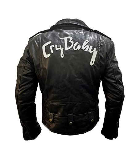 AKSAH FASHION Herren Cry Baby Johnny Depp Wade Walker schwarze Bikerjacke Brando Motorrad schwarze Echtlederjacke, Kunstleder, M von Aksah Fashion