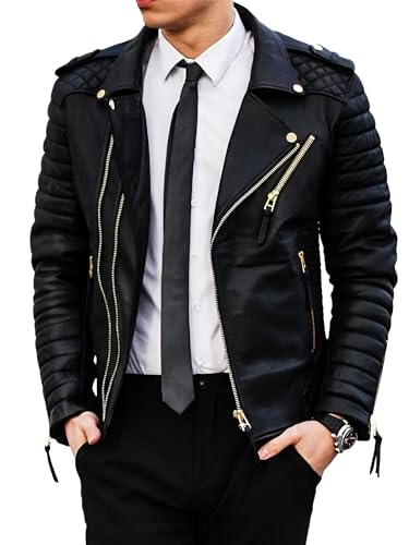 Aksah Fashion Asymnetrische Herren-Lederjacke mit Reißverschluss, Schwarz / Gold, gesteppt, schmale Passform, echtes Leder, Schwarz , L von Aksah Fashion