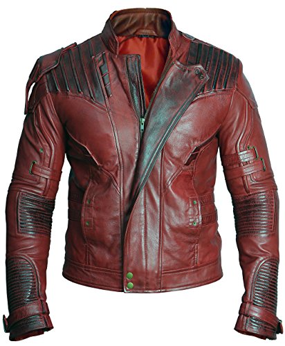 Aksah Fashion Guardians Herren Motorradjacke Chris Pratt Star Lord Red Distressed Kastanienbraun Motorrad Echtleder Jacke, Rot im Used-Look, XXL von Aksah Fashion