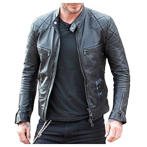 Aksah Fashion Herren David Beckham Café Racer Biker Motorrad gesteppte schwarze Lederjacke, Schwarz , M von Aksah Fashion