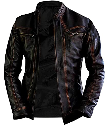 Aksah Fashion Vintage Cafe Racer Distressed Lederjacke | Motorrad-Bikerjacke für Herren, Echtes Leder, XS von Aksah Fashion
