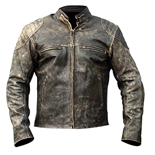 Aksah Fashion Herren-Motorrad-Lederjacke, Antik-Schwarz, Vintage, Used-Look, Retro-Stil, Jacke aus antikem Rindsleder, M von Aksah Fashion