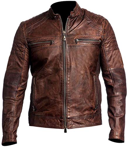 Herren Lederjacke im Vintage-Look, Used-Look, Schwarz, Café Racer Jacke, Used-Look, Braun, XXL von Aksah Fashion