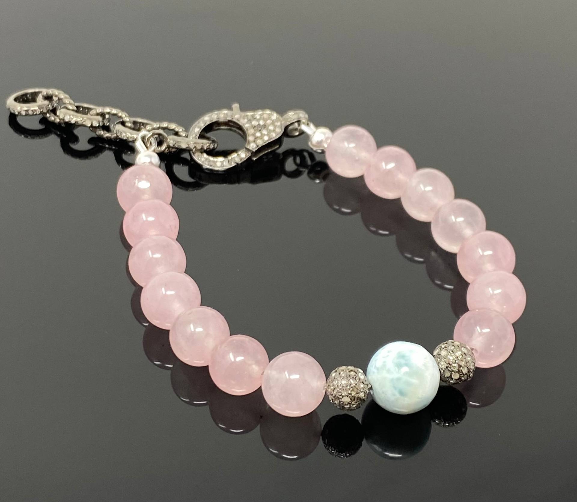 Natürliche Larimar Und Rosenquarz Edelstein Armband, Pave Diamant Verstellbare Aaa Grade, Geschenke Für Sie von AkstarGems