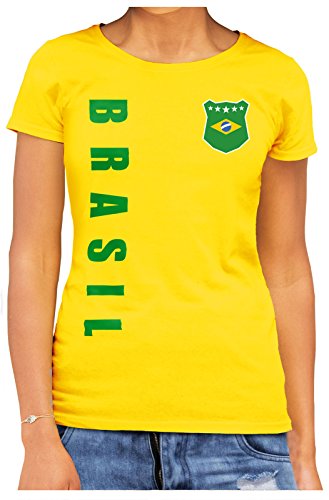 Brasilien Brasil Damen T-Shirt Wunschname Nummer WM-2022 Gelb M von AkyTex