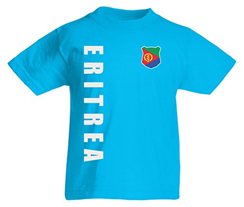 Eritrea WM-2022 Kinder T-Shirt Wunschname Nummer Azurblau 128 von AkyTEX