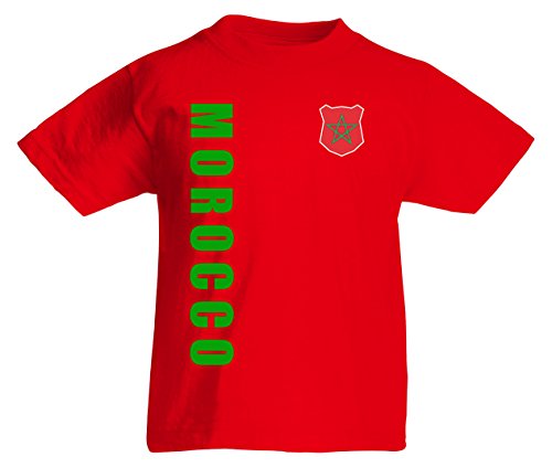 Marokko WM-2022 Kinder T-Shirt Wunschname Nummer Rot 128 von AkyTex