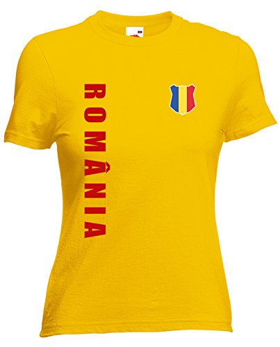 Rumänien Romania EM-2020 Damen T-Shirt Wunschname Nummer Gelb M von AkyTEX