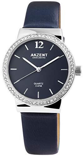 Akzent Exclusive Damen - Uhr Lederimitations Armbanduhr Strass Analog Quarz 1900209 (Blau/Silberfarbig/Blau) von Akzent