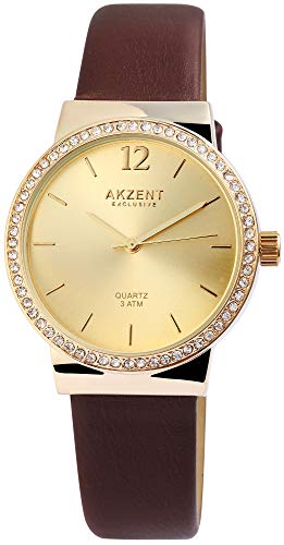 Akzent Exclusive Damen - Uhr Lederimitations Armbanduhr Strass Analog Quarz 1900209 (Braun/Goldfarbig/Goldfarbig) von Akzent