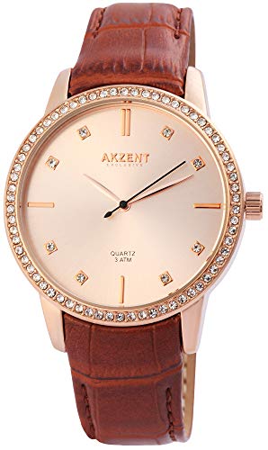 Akzent Exclusive Damen - Uhr Lederimtations Armbanduhr Strass Analog Quarz 1900184 von Akzent