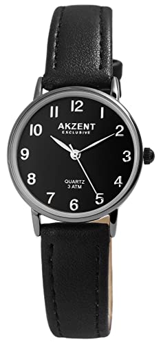 Akzent Exclusive Damen - Uhr Lederimitations Armbanduhr Dornschließe Analog Quarz 1900208 (schwarz 1) von Akzent