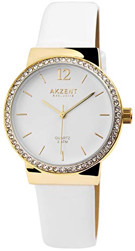 Akzent Exclusive Damen - Uhr Lederimitations Armbanduhr Strass Analog Quarz 1900209 (Weiß/Goldfarbig/Weiß) von Akzent