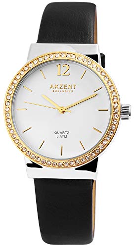 Akzent Exclusive Damen - Uhr Lederimitations Armbanduhr Strass Analog Quarz 1900209 von Akzent