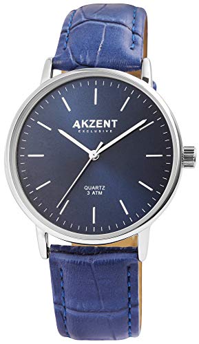 Akzent Exclusive Herren - Uhr Lederimitations Armbanduhr Dornschließe Analog Quarz 2900150 (Blau/Silberfarben/Blau) von Akzent