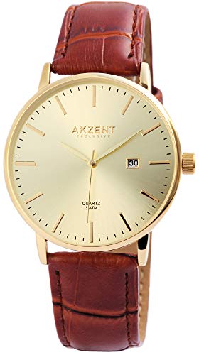 Akzent Exclusive Herren – Uhr Lederimitations Armbanduhr Datum Analog Quarz 2900119 (Braun/Goldfarbig/Goldfarbig) von Akzent