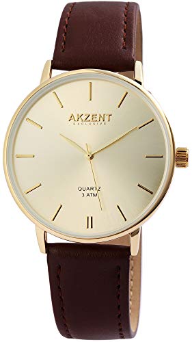 Akzent Exclusive Herren – Uhr Lederimitat Armbanduhr Dornschließe Analog Quarz 2900120 (Braun/Goldfarben) von Akzent