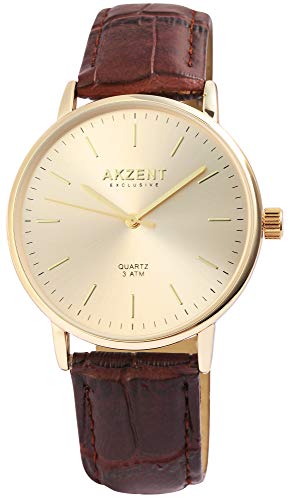 Akzent Exclusive Herren - Uhr Lederimitations Armbanduhr Dornschließe Analog Quarz 2900150 (Braun/Goldfarben) von Akzent