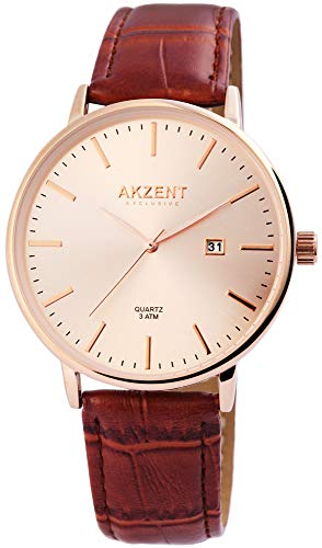 Akzent Exclusive Herren – Uhr Lederimitations Armbanduhr Datum Analog Quarz 2900119 (Braun/Roségoldfarbig/Roségoldfarbig) von Akzent