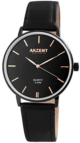 Akzent Exclusive Herren – Uhr Lederimitat Armbanduhr Dornschließe Analog Quarz 2900120 (Schwarz/Roségoldfarben) von Akzent