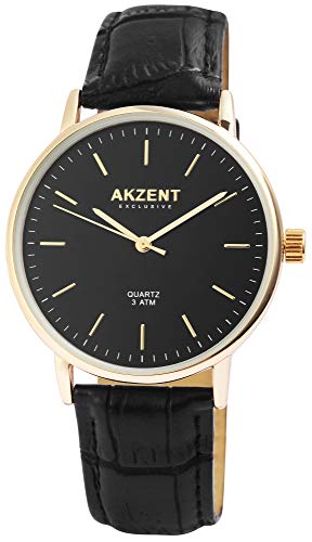 Akzent Exclusive Herren - Uhr Lederimitations Armbanduhr Dornschließe Analog Quarz 2900150 (Schwarz/Goldfarben/Schwarz) von Akzent