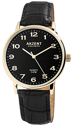 AKZENT Exclusive Herrenuhr Schwarz Gold Analog Quarz Metall Leder Armbanduhr von Akzent