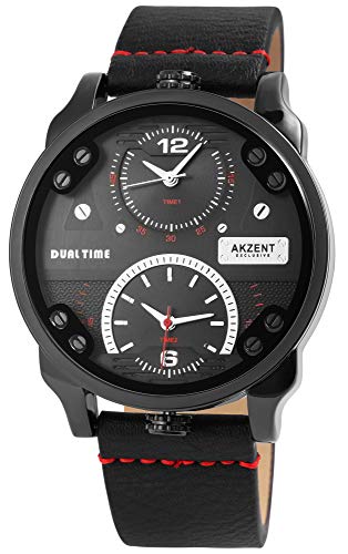 Akzent Exclusive Herren – Uhr Lederimitations Armbanduhr Dual Time Analog Quarz 2900123 (Schwarz/Rot/Schwarz) Akzent Exclusive Herren – Uhr Lederimitations Armbanduhr Dual Time Analog Quarz 2900123 (Schwarz/Rot/Schwarz) von Akzent