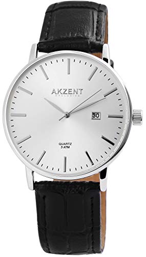 Akzent Exclusive Herren – Uhr Lederimitations Armbanduhr Datum Analog Quarz 2900119 (Schwarz/Silberfarbig/Silberfarbig) von Akzent
