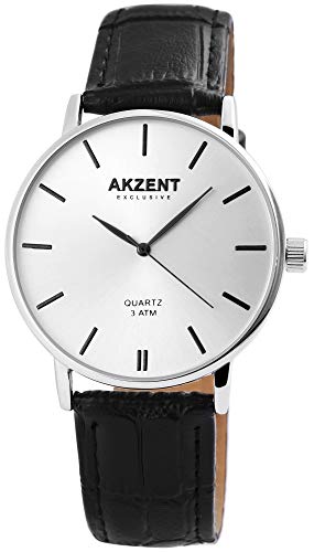 Akzent Exclusive Herren – Uhr Lederimitat Armbanduhr Dornschließe Analog Quarz 2900120 (Schwarz/Silberfarben) von Akzent