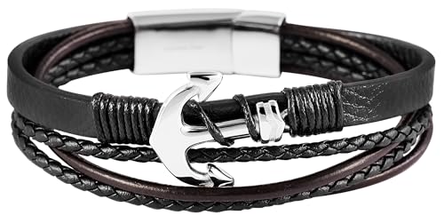 Akzent Aimee Unisex-Armband Leder Edelstahl Damen Herren Anker Länge Magnetverschluss Maritim Trend schwarz (22.5) von Akzent