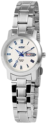 Akzent Damen-Uhr Edelstahl Faltschließe Datum Analog Quarz 1800008 (silberfarbig blau) von Akzent