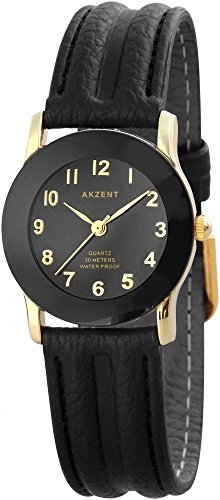 Akzent Damen-Uhr Kunstleder Dornschließe Analog Quarz 1900273 (schwarz goldfarbig) von Akzent