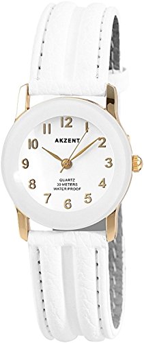 Akzent Damen-Uhr Kunstleder Dornschließe Analog Quarz 1900273 (Weiss/Weiss) von Akzent