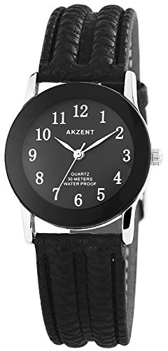 Akzent Damen-Uhr Kunstleder Dornschließe Analog Quarz 1900273 (schwarz schwarz silberfarbig) von Akzent