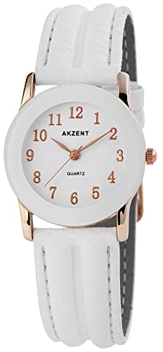 Akzent Damen-Uhr Kunstleder Dornschließe Analog Quarz 1900273 (weiß weiß roségoldfarbig) von Akzent