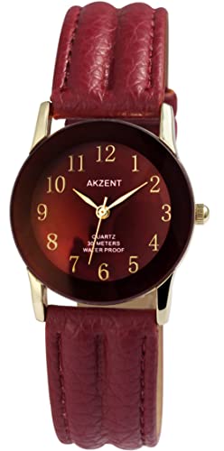 Akzent Damen-Uhr Kunstleder Dornschließe Analog Quarz 1900273 (Bordeaux goldfarbig) von Akzent