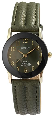 Akzent Damen-Uhr Kunstleder Dornschließe Analog Quarz 1900273 (grün goldfarbig) von Akzent