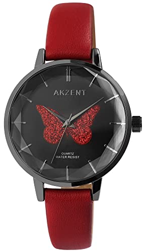 Akzent Exclusive Damen-Uhr Kunstleder Glitzer Analog Quarz 1900250 (rot) von Akzent