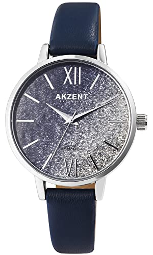 Akzent Exclusive Damen-Uhr Kunstleder Glitzer Analog Quarz 1900245 (blau) von Akzent