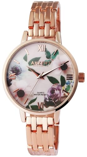 Akzent Exclusive Damen - Uhr Metall Armbanduhr Blumen Analog Quarz 1800197 (Roségoldafrbig/Weiß) von Akzent