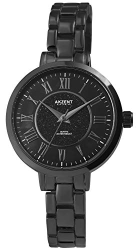 Akzent Damen - Uhr Metallglieder Armbanduhr Glitzer Analog Quarz 1800196 (Schwarz/Schwarz) von Akzent