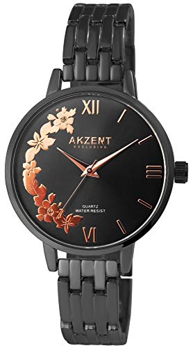 Akzent Exclusive Damen - Uhr Metall Armbanduhr Blumen Analog Quarz 1800197 (Schwarz/Schwarz) von Akzent