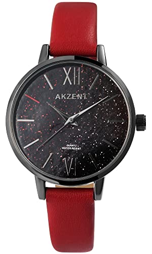 Akzent Exclusive Damen-Uhr Kunstleder Glitzer Analog Quarz 1900245 (rot) von Akzent