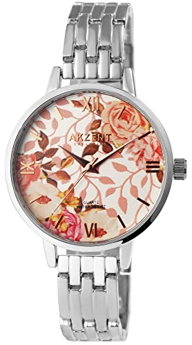 Akzent Exclusive Damen - Uhr Metall Armbanduhr Blumen Analog Quarz 1800197 (Silberfarbig/Rosè) von Akzent