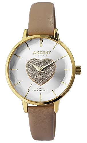 Akzent Exclusive Damen-Uhr Kunstleder Glitzer Analog Quarz 1900251 (braun) von Akzent