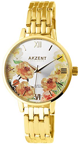 Akzent Exclusive Damen - Uhr Metall Armbanduhr Blumen Analog Quarz 1800197 (Goldafrbig/Silberfarbig) von Akzent