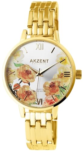 Akzent Exclusive Damen - Uhr Metall Armbanduhr Blumen Analog Quarz 1800197 (Goldafrbig/Silberfarbig) von Akzent